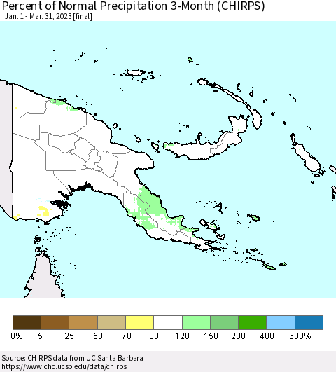 Papua New Guinea Percent of Normal Precipitation 3-Month (CHIRPS) Thematic Map For 1/1/2023 - 3/31/2023