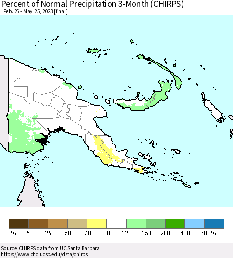 Papua New Guinea Percent of Normal Precipitation 3-Month (CHIRPS) Thematic Map For 2/26/2023 - 5/25/2023