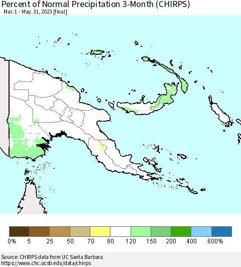 Papua New Guinea Percent of Normal Precipitation 3-Month (CHIRPS) Thematic Map For 3/1/2023 - 5/31/2023