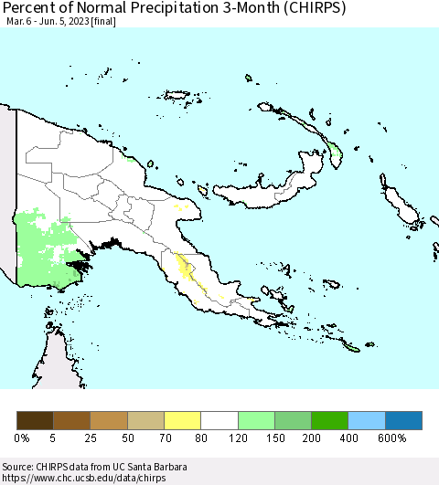 Papua New Guinea Percent of Normal Precipitation 3-Month (CHIRPS) Thematic Map For 3/6/2023 - 6/5/2023