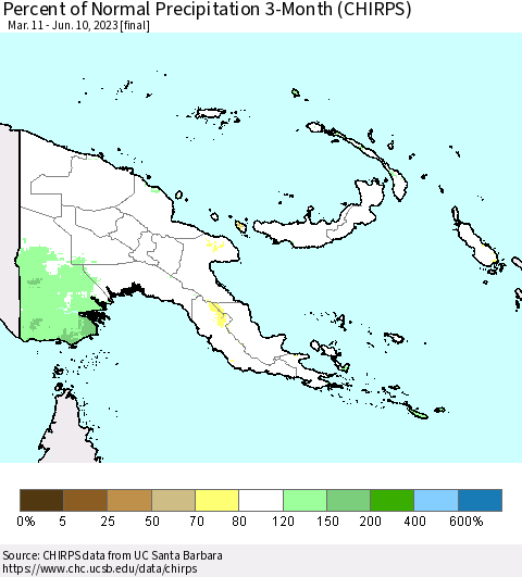 Papua New Guinea Percent of Normal Precipitation 3-Month (CHIRPS) Thematic Map For 3/11/2023 - 6/10/2023