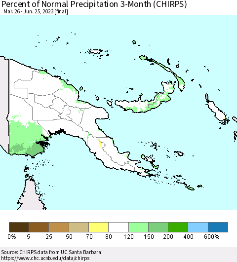 Papua New Guinea Percent of Normal Precipitation 3-Month (CHIRPS) Thematic Map For 3/26/2023 - 6/25/2023