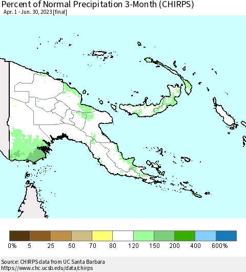 Papua New Guinea Percent of Normal Precipitation 3-Month (CHIRPS) Thematic Map For 4/1/2023 - 6/30/2023