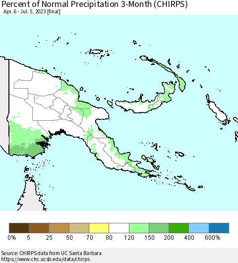 Papua New Guinea Percent of Normal Precipitation 3-Month (CHIRPS) Thematic Map For 4/6/2023 - 7/5/2023