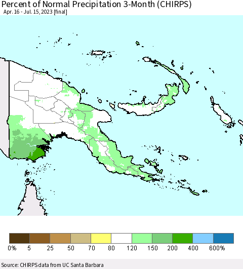 Papua New Guinea Percent of Normal Precipitation 3-Month (CHIRPS) Thematic Map For 4/16/2023 - 7/15/2023