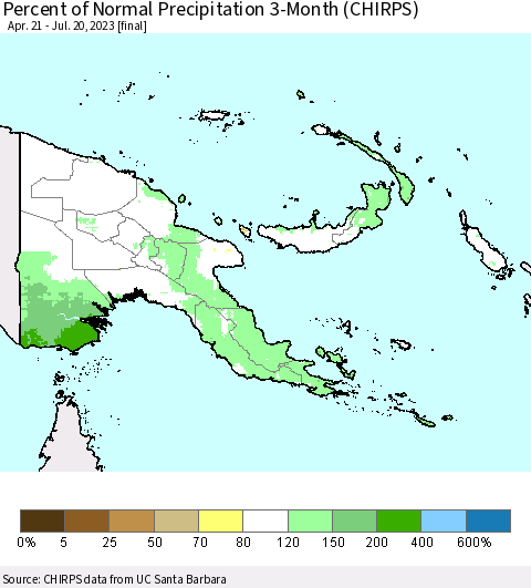 Papua New Guinea Percent of Normal Precipitation 3-Month (CHIRPS) Thematic Map For 4/21/2023 - 7/20/2023