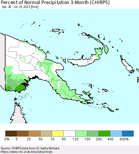 Papua New Guinea Percent of Normal Precipitation 3-Month (CHIRPS) Thematic Map For 4/26/2023 - 7/25/2023