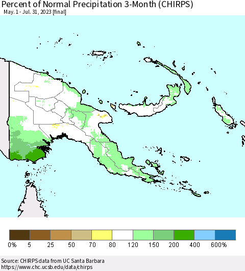 Papua New Guinea Percent of Normal Precipitation 3-Month (CHIRPS) Thematic Map For 5/1/2023 - 7/31/2023