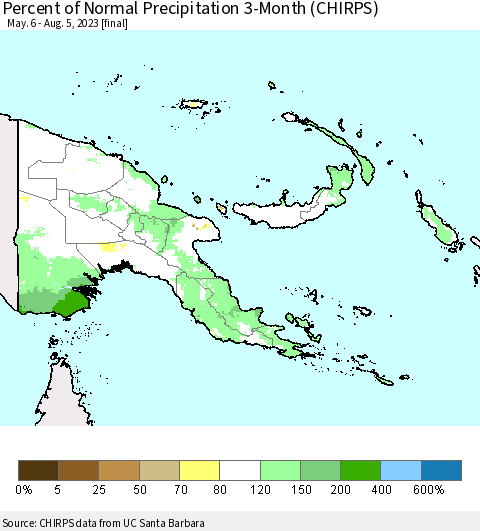 Papua New Guinea Percent of Normal Precipitation 3-Month (CHIRPS) Thematic Map For 5/6/2023 - 8/5/2023