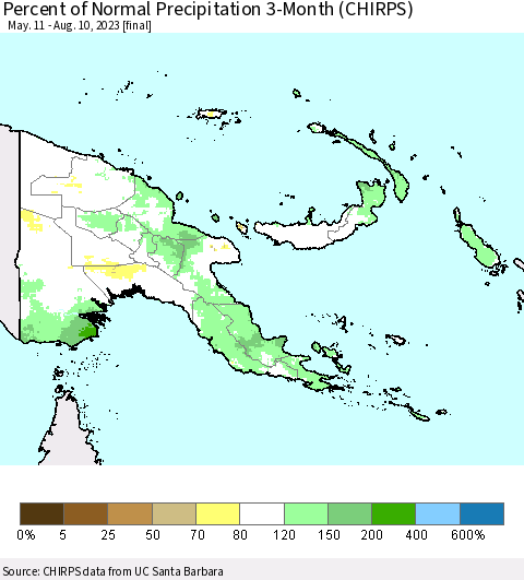 Papua New Guinea Percent of Normal Precipitation 3-Month (CHIRPS) Thematic Map For 5/11/2023 - 8/10/2023