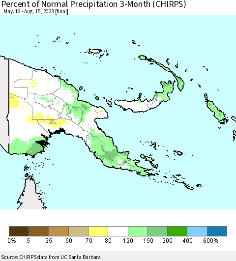 Papua New Guinea Percent of Normal Precipitation 3-Month (CHIRPS) Thematic Map For 5/16/2023 - 8/15/2023