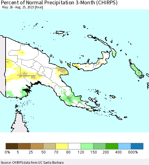 Papua New Guinea Percent of Normal Precipitation 3-Month (CHIRPS) Thematic Map For 5/26/2023 - 8/25/2023