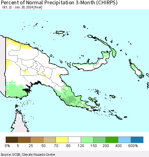 Papua New Guinea Percent of Normal Precipitation 3-Month (CHIRPS) Thematic Map For 10/21/2023 - 1/20/2024