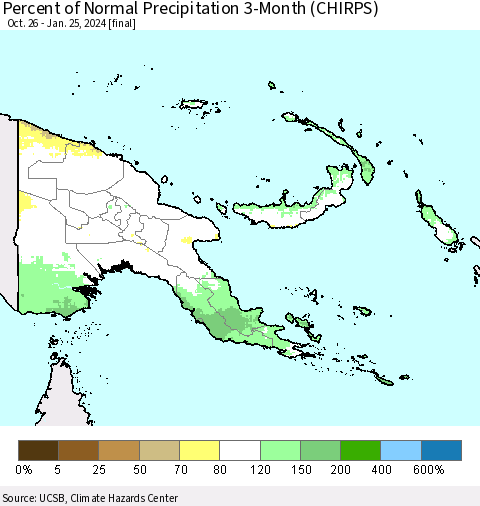 Papua New Guinea Percent of Normal Precipitation 3-Month (CHIRPS) Thematic Map For 10/26/2023 - 1/25/2024