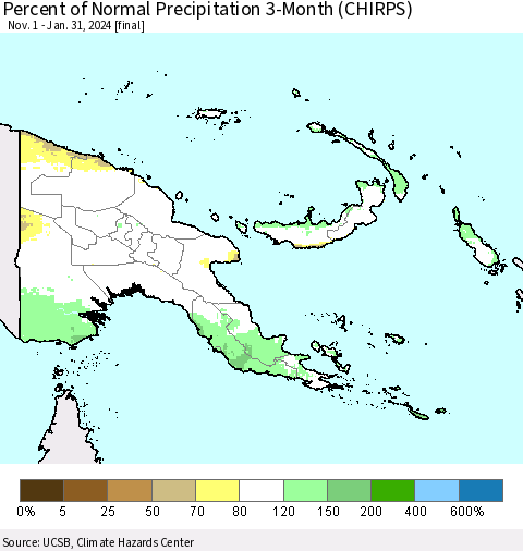 Papua New Guinea Percent of Normal Precipitation 3-Month (CHIRPS) Thematic Map For 11/1/2023 - 1/31/2024