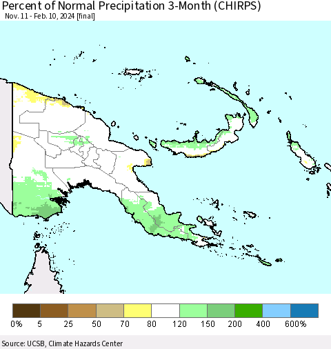 Papua New Guinea Percent of Normal Precipitation 3-Month (CHIRPS) Thematic Map For 11/11/2023 - 2/10/2024
