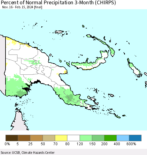 Papua New Guinea Percent of Normal Precipitation 3-Month (CHIRPS) Thematic Map For 11/16/2023 - 2/15/2024