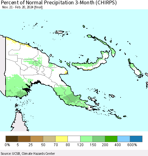 Papua New Guinea Percent of Normal Precipitation 3-Month (CHIRPS) Thematic Map For 11/21/2023 - 2/20/2024