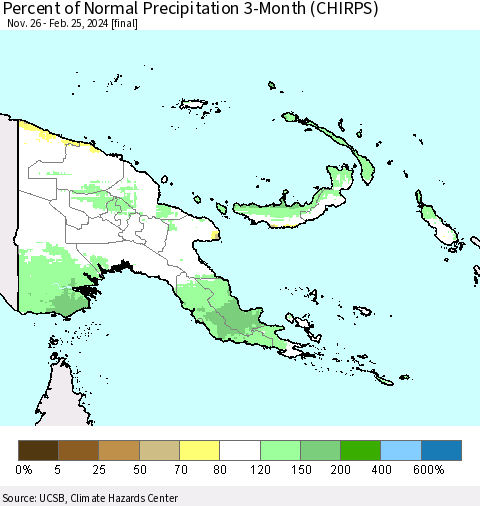 Papua New Guinea Percent of Normal Precipitation 3-Month (CHIRPS) Thematic Map For 11/26/2023 - 2/25/2024