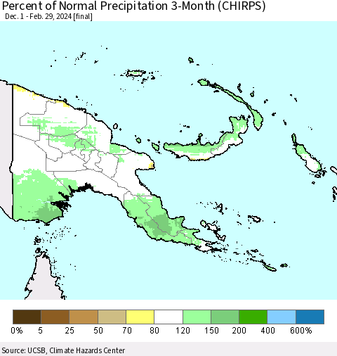 Papua New Guinea Percent of Normal Precipitation 3-Month (CHIRPS) Thematic Map For 12/1/2023 - 2/29/2024