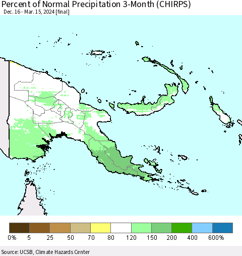 Papua New Guinea Percent of Normal Precipitation 3-Month (CHIRPS) Thematic Map For 12/16/2023 - 3/15/2024