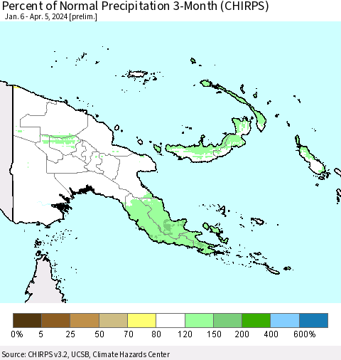 Papua New Guinea Percent of Normal Precipitation 3-Month (CHIRPS) Thematic Map For 1/6/2024 - 4/5/2024