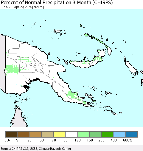 Papua New Guinea Percent of Normal Precipitation 3-Month (CHIRPS) Thematic Map For 1/21/2024 - 4/20/2024