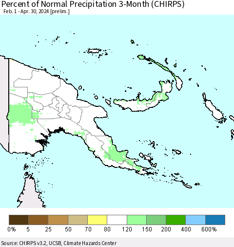 Papua New Guinea Percent of Normal Precipitation 3-Month (CHIRPS) Thematic Map For 2/1/2024 - 4/30/2024