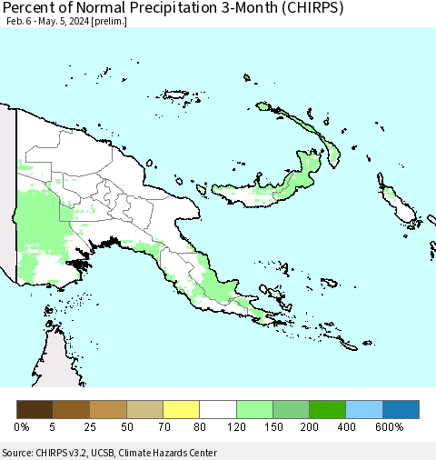 Papua New Guinea Percent of Normal Precipitation 3-Month (CHIRPS) Thematic Map For 2/6/2024 - 5/5/2024