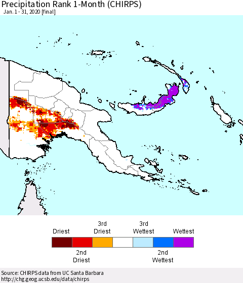Papua New Guinea Precipitation Rank since 1981, 1-Month (CHIRPS) Thematic Map For 1/1/2020 - 1/31/2020
