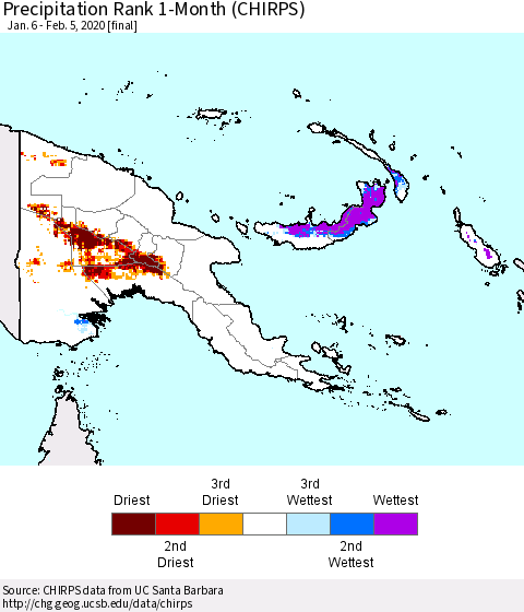 Papua New Guinea Precipitation Rank since 1981, 1-Month (CHIRPS) Thematic Map For 1/6/2020 - 2/5/2020