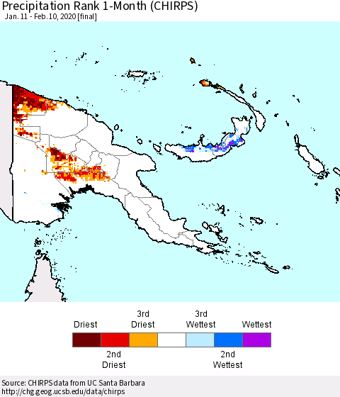Papua New Guinea Precipitation Rank since 1981, 1-Month (CHIRPS) Thematic Map For 1/11/2020 - 2/10/2020