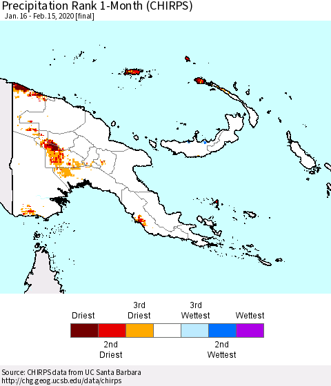 Papua New Guinea Precipitation Rank since 1981, 1-Month (CHIRPS) Thematic Map For 1/16/2020 - 2/15/2020