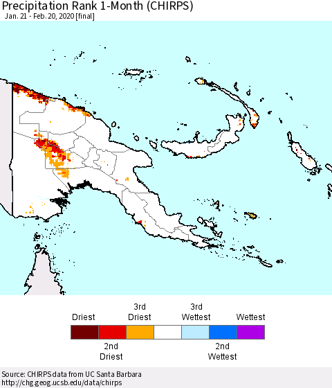 Papua New Guinea Precipitation Rank since 1981, 1-Month (CHIRPS) Thematic Map For 1/21/2020 - 2/20/2020