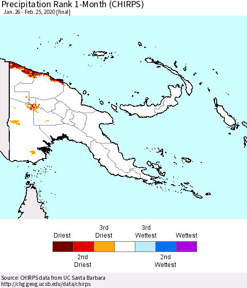 Papua New Guinea Precipitation Rank since 1981, 1-Month (CHIRPS) Thematic Map For 1/26/2020 - 2/25/2020