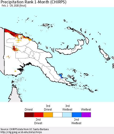 Papua New Guinea Precipitation Rank since 1981, 1-Month (CHIRPS) Thematic Map For 2/1/2020 - 2/29/2020