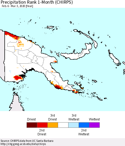 Papua New Guinea Precipitation Rank since 1981, 1-Month (CHIRPS) Thematic Map For 2/6/2020 - 3/5/2020