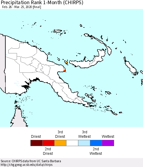 Papua New Guinea Precipitation Rank since 1981, 1-Month (CHIRPS) Thematic Map For 2/26/2020 - 3/25/2020