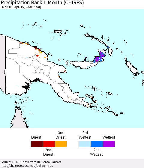 Papua New Guinea Precipitation Rank since 1981, 1-Month (CHIRPS) Thematic Map For 3/16/2020 - 4/15/2020