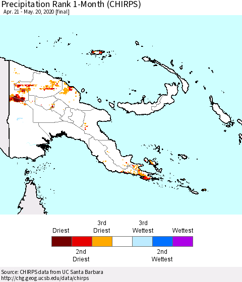 Papua New Guinea Precipitation Rank since 1981, 1-Month (CHIRPS) Thematic Map For 4/21/2020 - 5/20/2020