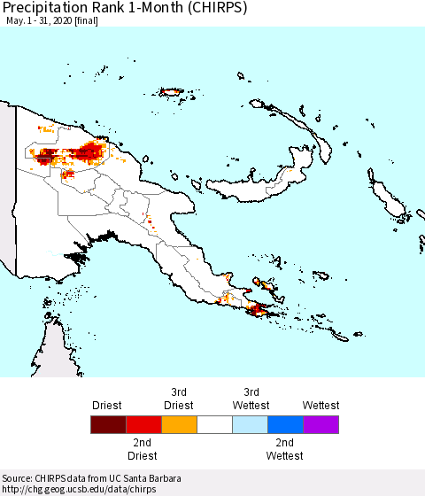 Papua New Guinea Precipitation Rank since 1981, 1-Month (CHIRPS) Thematic Map For 5/1/2020 - 5/31/2020