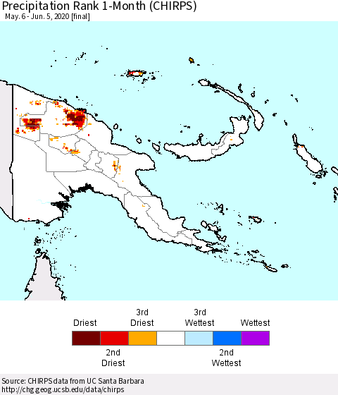 Papua New Guinea Precipitation Rank since 1981, 1-Month (CHIRPS) Thematic Map For 5/6/2020 - 6/5/2020