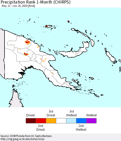 Papua New Guinea Precipitation Rank since 1981, 1-Month (CHIRPS) Thematic Map For 5/11/2020 - 6/10/2020