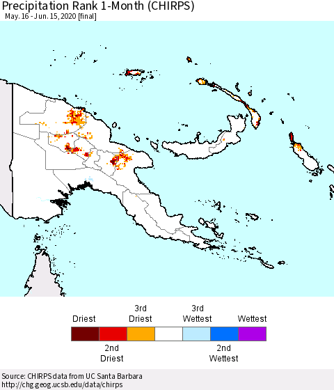Papua New Guinea Precipitation Rank since 1981, 1-Month (CHIRPS) Thematic Map For 5/16/2020 - 6/15/2020
