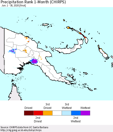 Papua New Guinea Precipitation Rank since 1981, 1-Month (CHIRPS) Thematic Map For 6/1/2020 - 6/30/2020