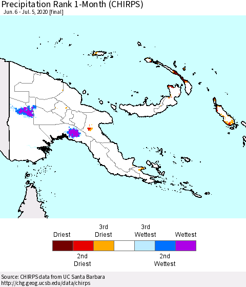 Papua New Guinea Precipitation Rank since 1981, 1-Month (CHIRPS) Thematic Map For 6/6/2020 - 7/5/2020