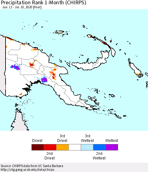 Papua New Guinea Precipitation Rank since 1981, 1-Month (CHIRPS) Thematic Map For 6/11/2020 - 7/10/2020