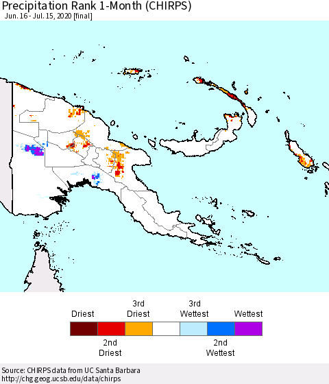 Papua New Guinea Precipitation Rank since 1981, 1-Month (CHIRPS) Thematic Map For 6/16/2020 - 7/15/2020