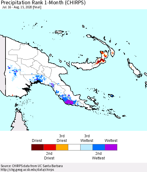 Papua New Guinea Precipitation Rank since 1981, 1-Month (CHIRPS) Thematic Map For 7/16/2020 - 8/15/2020