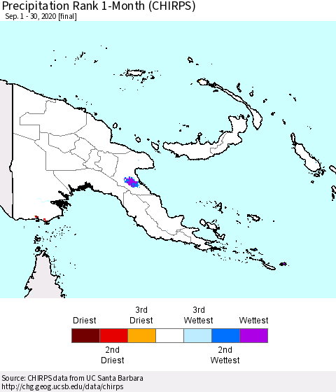Papua New Guinea Precipitation Rank since 1981, 1-Month (CHIRPS) Thematic Map For 9/1/2020 - 9/30/2020